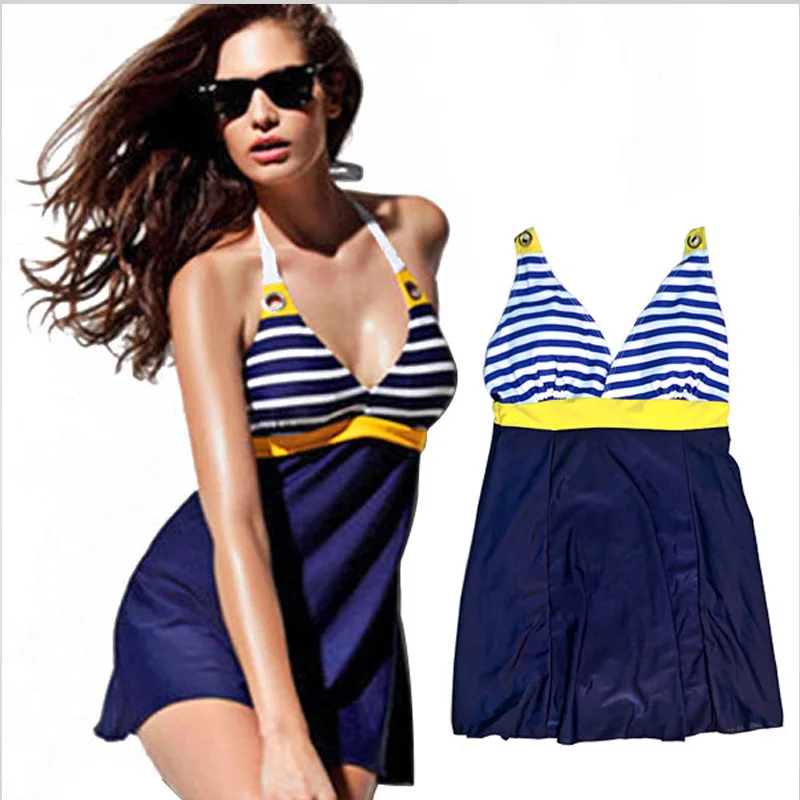 

2016 Hot Striped One Pieces Women Swimsuit Swimdress Swimwear Halter Plus Size Beach Dress Bathing Suit Size M-XXL