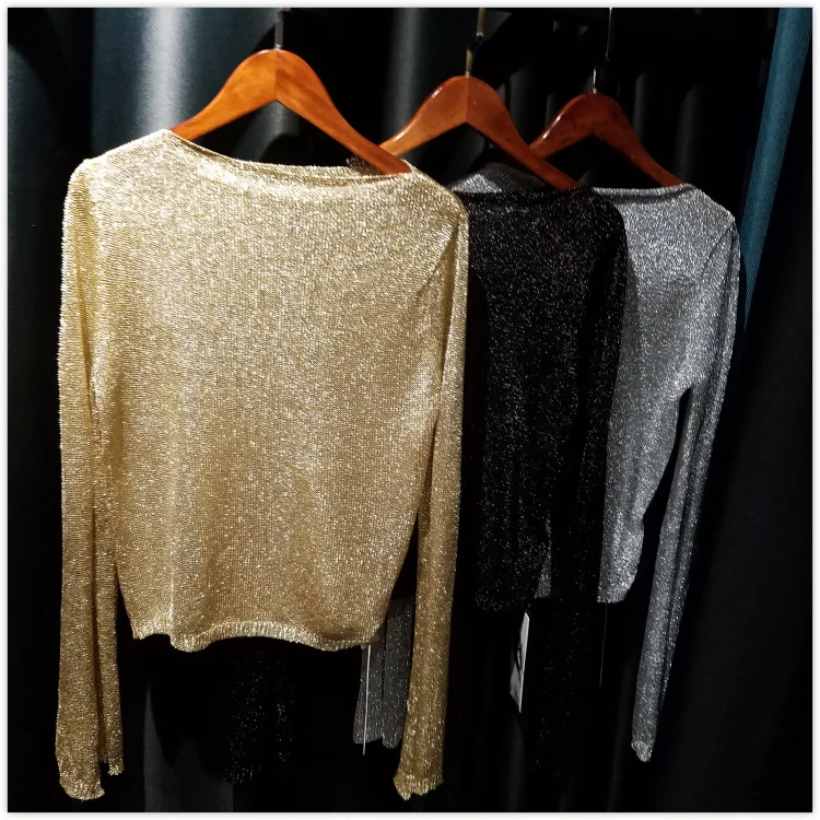 Cakucool New Gold Lurex Knit Tops Women t shirt Long Sleeve Slash Neck Tee Shirts Thin See-through Mesh Sexy Tees Tshirts Femme Cakucool New Gold Lurex Knit Tops Women t shirt Long Sleeve Slash Neck Tee Shirts Thin See-through Mesh Sexy Tees Tshirts Femme