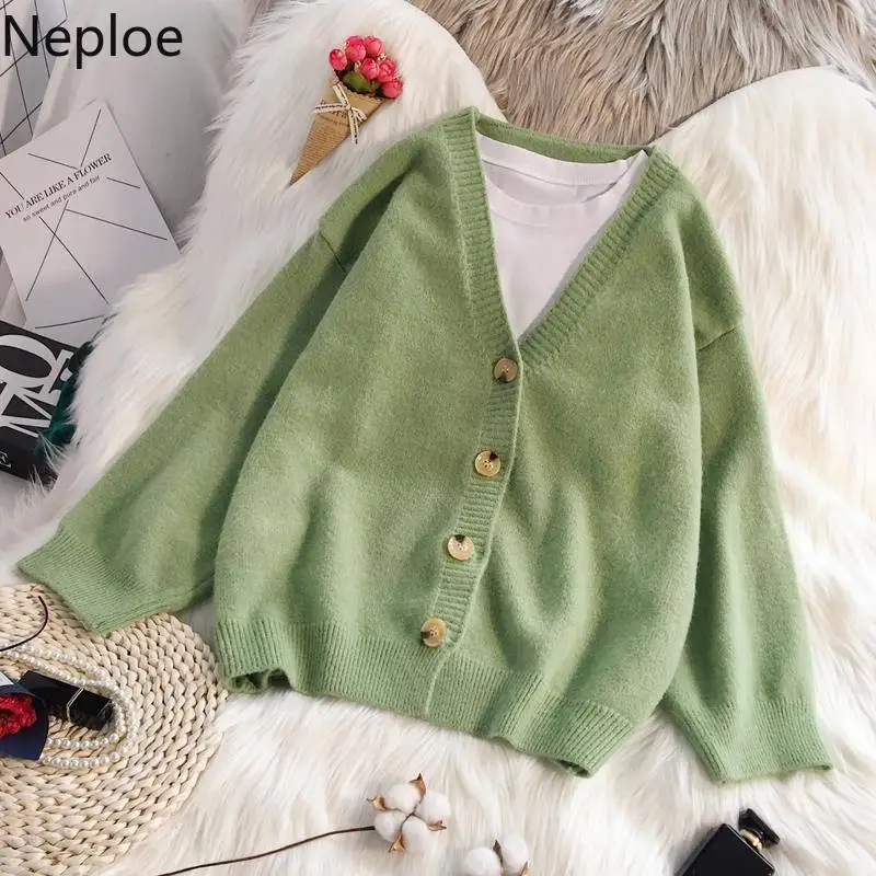 

Neploe 2019 Korean Women Sweater Cardigan V Neck Loose Female Knitted Cardigans Solid Basic Sweater Autumn Winter Plus Size Tops