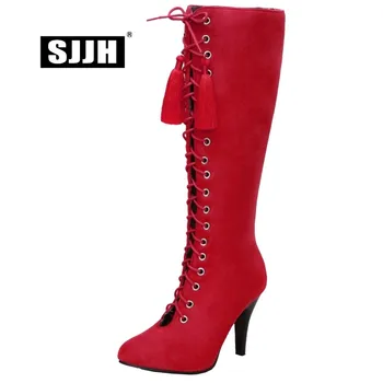 

SJJH Women Nubuck Knee-High Boots with Round Toe Stiletto Cross-tied Plush Long Boot Fashion Party Roman Shoes Large Size Q509