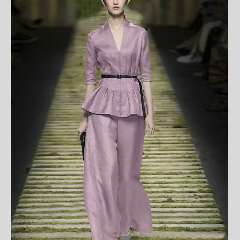 2019 Lente vrouwen Mode Tweedelige Set Top en Broek Europese Half Mouwen V-hals Slim Shirt & Volledige Lengte broek Broek Pak 2019 Lente vrouwen Mode Tweedelige Set Top en Broek Europese Half Mouwen V-hals Slim Shirt & Volledige Lengte broek Broek Pak