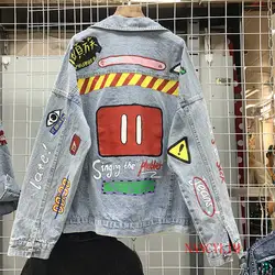 Новинка 2019 года, осенняя Джинсовая Куртка Harajuku BF, Женская тяжелая промышленная куртка с надписями, Ковбойское пальто с граффити, женские