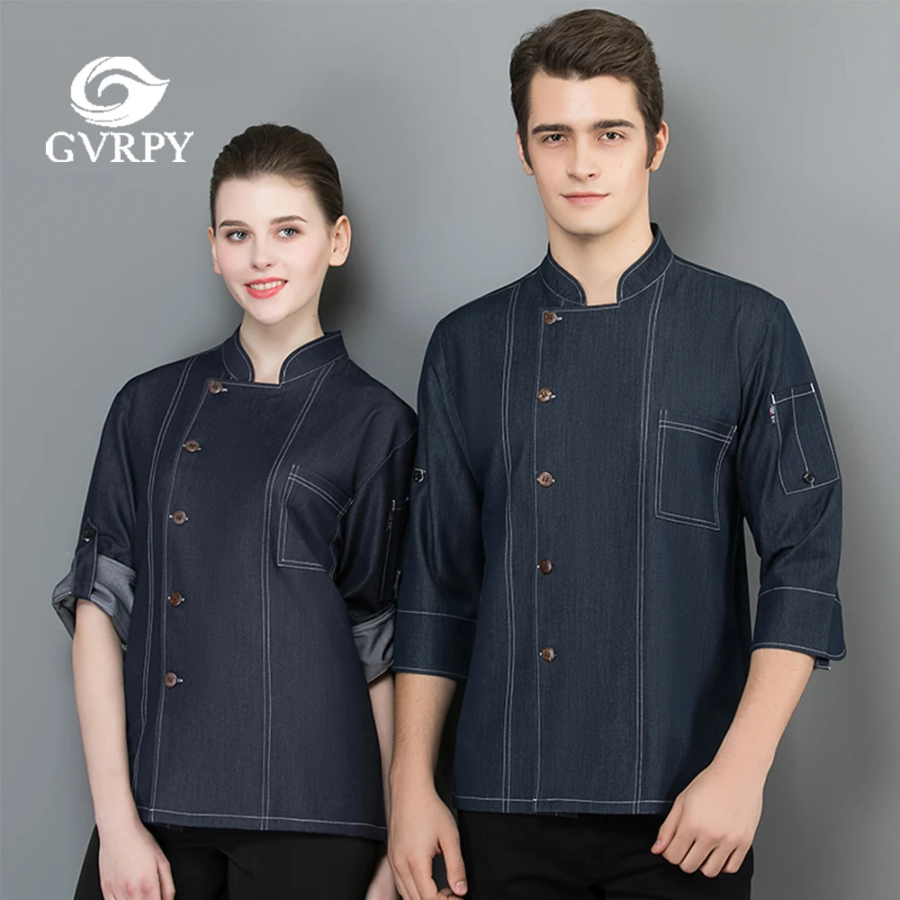 

Summer Unisex Chef Uniform Stretch Denim Seven-quarter Sleeve Food Service Restaurant Hotel Kitchen Cooking Food Work Jacket