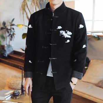 

Chinese style Red-crowned crane Embroidery woolen men cotton jackets coats autumn winter thicken single breasted warm Outwear