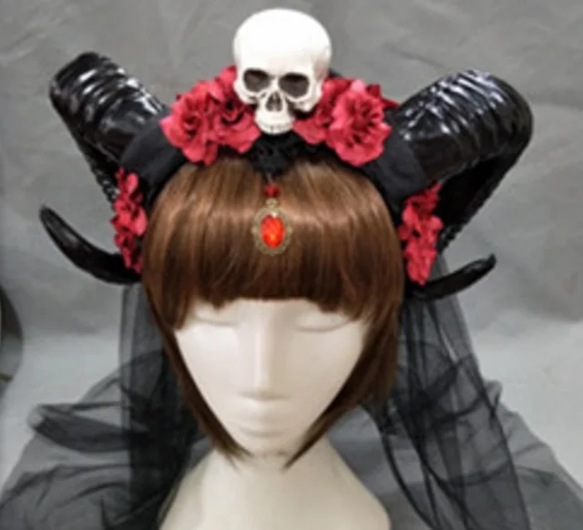 Halloween Skull Accessories - Devil Floral Horns Headpiece with Veil - Fancy Dress Hair Accessories image 3