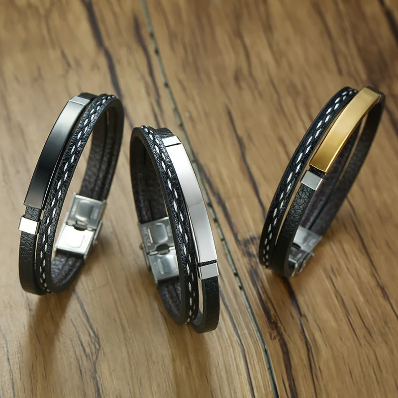 Не выцветает 316L браслеты и браслеты из нержавеющей стали для мужчин кожаный Браслет-манжета Мужская металлическая титановая обмотка браслет на запястье ювелирное изделие