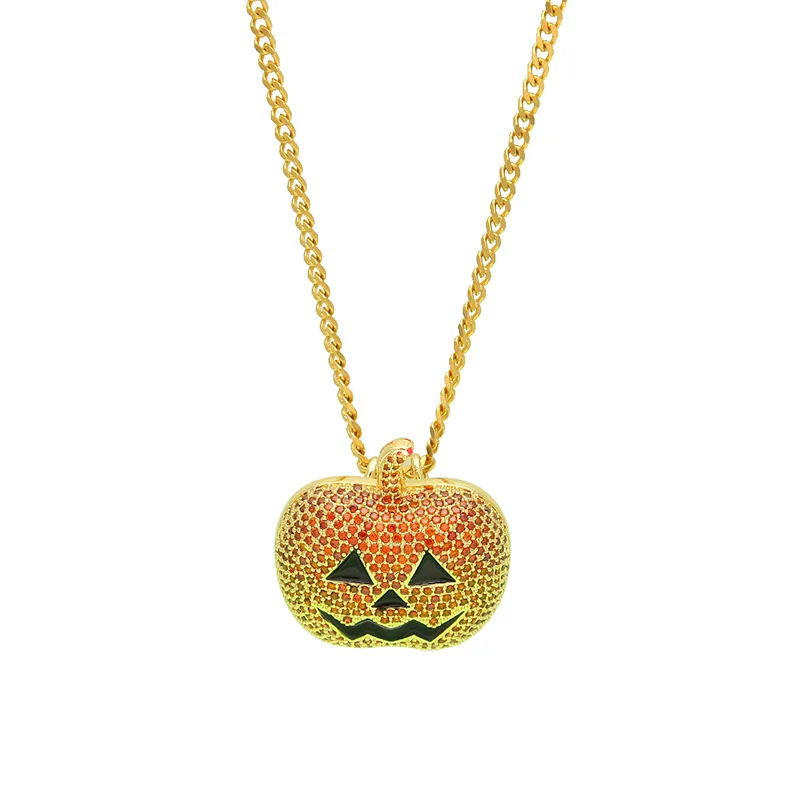 

Men Gold/Gun Black Pumpkin Lantern Cubic Zircon Pendant 0.3mm Width Cuban Chain 24inch Chain Hiphop Men Halloween Jewelry