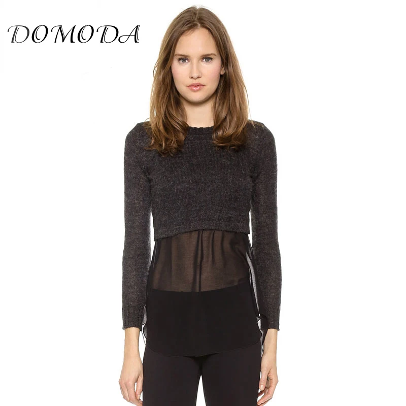 Domoda новая мода сплошной черный шифон контраст Свитеры для женщин Для