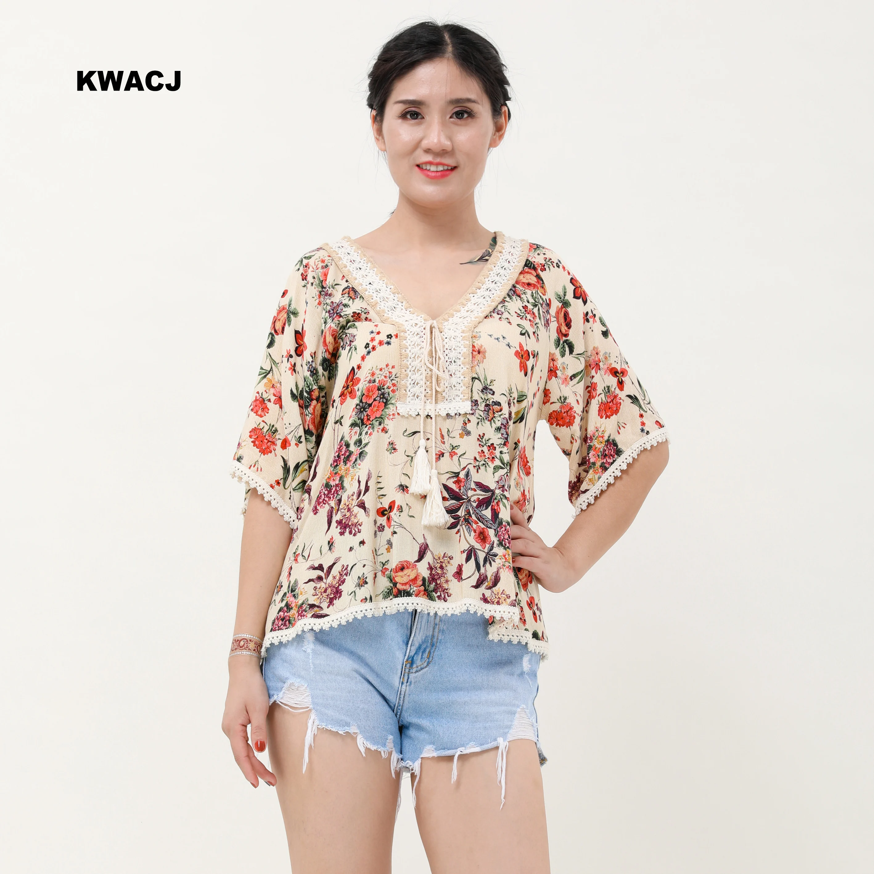 

KWACJ 2019 Summer women top half sleeve handmade lace Neck Floral Print blouse floral Bohemian beach casual shirt A2231