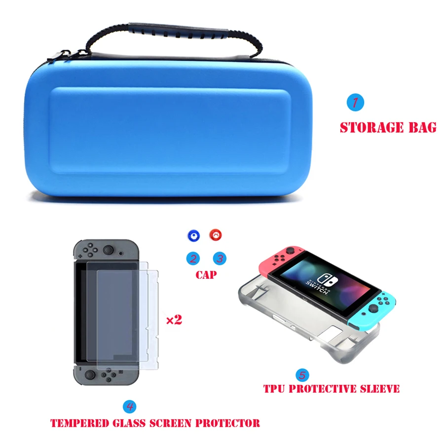 

6 in 1 NS Game Accessory Set Black Blue For Nintend Switch Travel Carrying Bag Screen Protector Tempered Glass Analog Thumb Cap