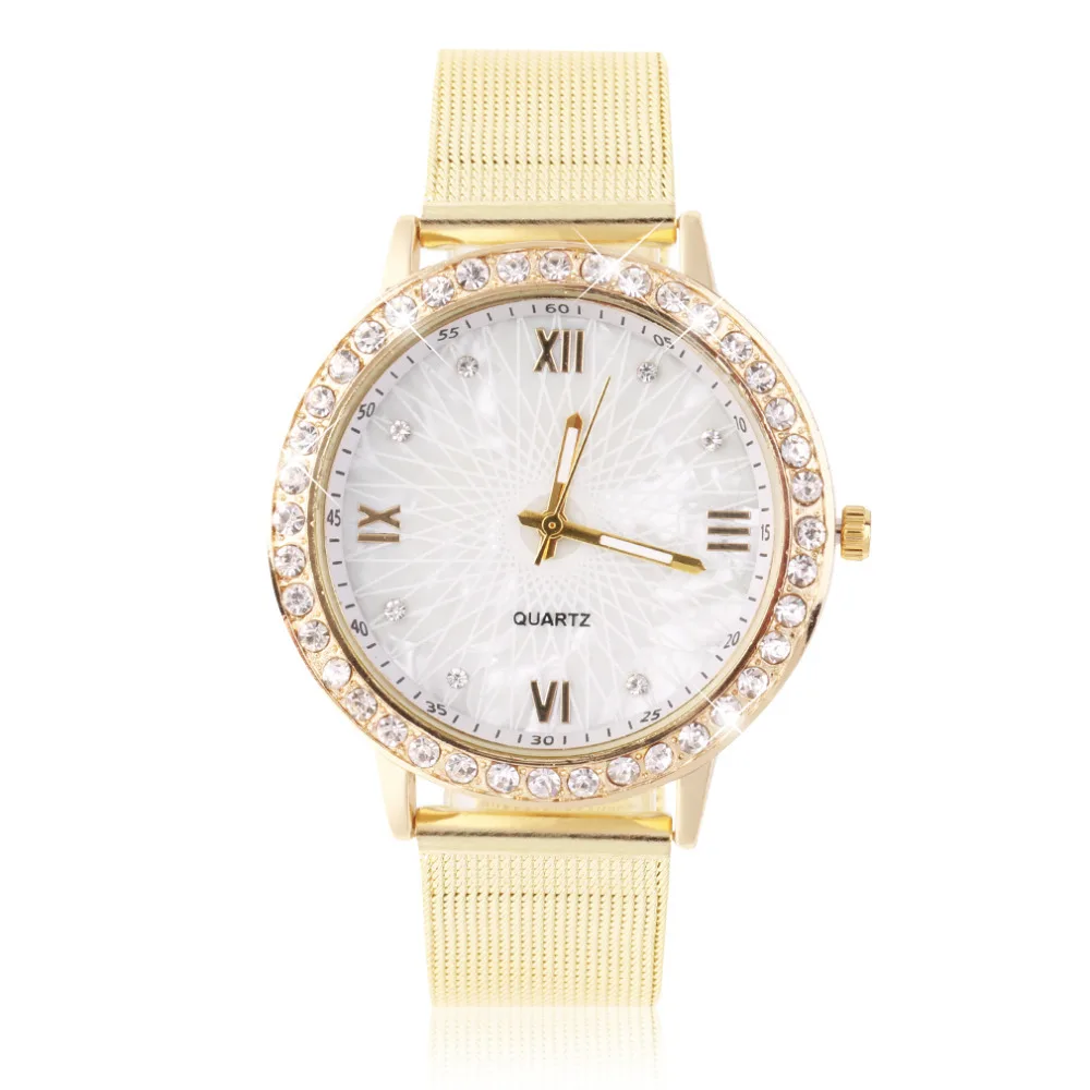 

Women's Crystal Round Quartz Stainless Steel Mesh Band Wrist Watch Gift with Gold color relogio masculino