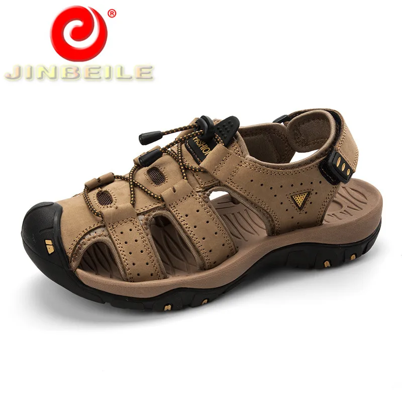 JINBEILE Durable Rubber Outsole Sandals Men Genuine Leather Comfortable Hiking Sandals Men Solid 