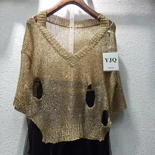 cakucool-women-gold-lurex-knit-shirt-sexy-hollow-out-half-sleeve-top-blouse-bling-loose-see-through-casual-summer-blusa-femme