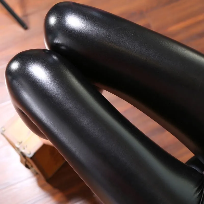 BIVIGAOS Fashion Women PU Leather Pants Elastic High Waist Winter Leggings Slim Velvet Leather Leggings Skinny Fleece Trousers aybl leggings