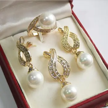 

Prett Lovely Women's Wedding shipping>beautiful 12mm White Shell Pearl Pendant Necklace Earrings rings jewelry set 18"