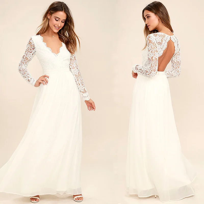 V Neck Backless Lace Chiffon Dress In White