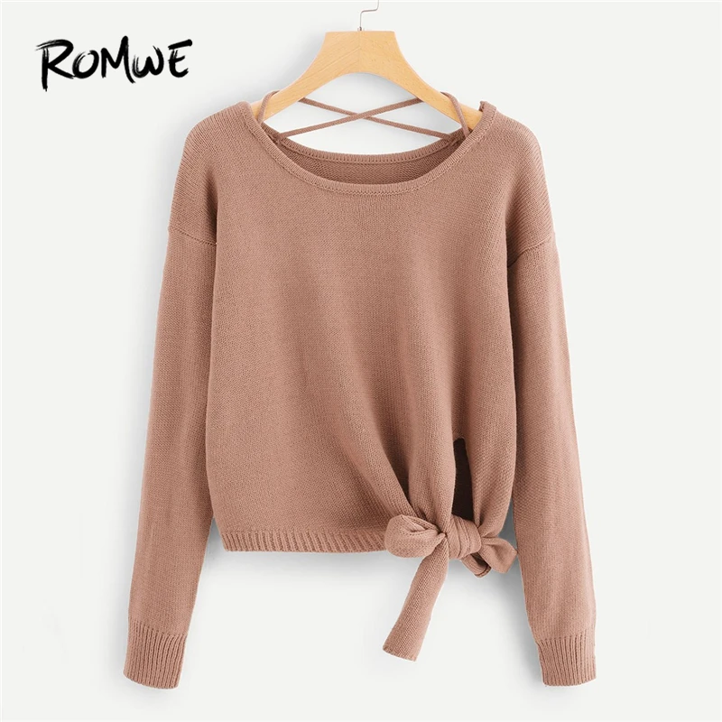 

ROMWE Pink Knot Side Criss Cross Back Sweater Women Clothing 2019 Autumn Fashion Casual Plain Clothes Female Pullovers Jumper
