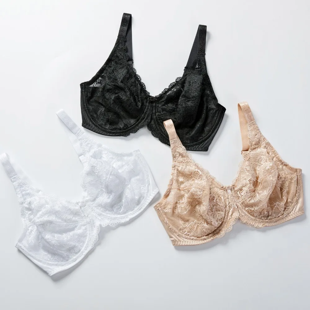Women's Sheer Lace Unlined Minimizer Underwire Full Figure Bra 34-44 DD E F G H