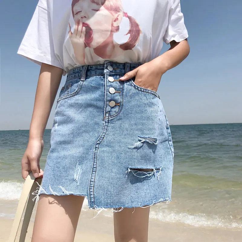 KYMAKUTU Light Colored Irregular Hole Denim Skirts for Women A Line High Waist Sexy Mini Jeans Skirt Summer Casual Falda Vaquera |