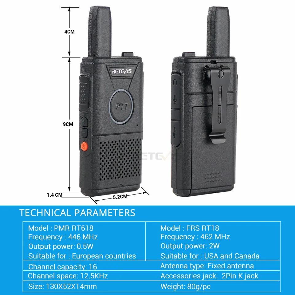 Мини рация Retevis RT618/RT18 4 шт. ультратонкая Портативная радиостанция с двойной PTT
