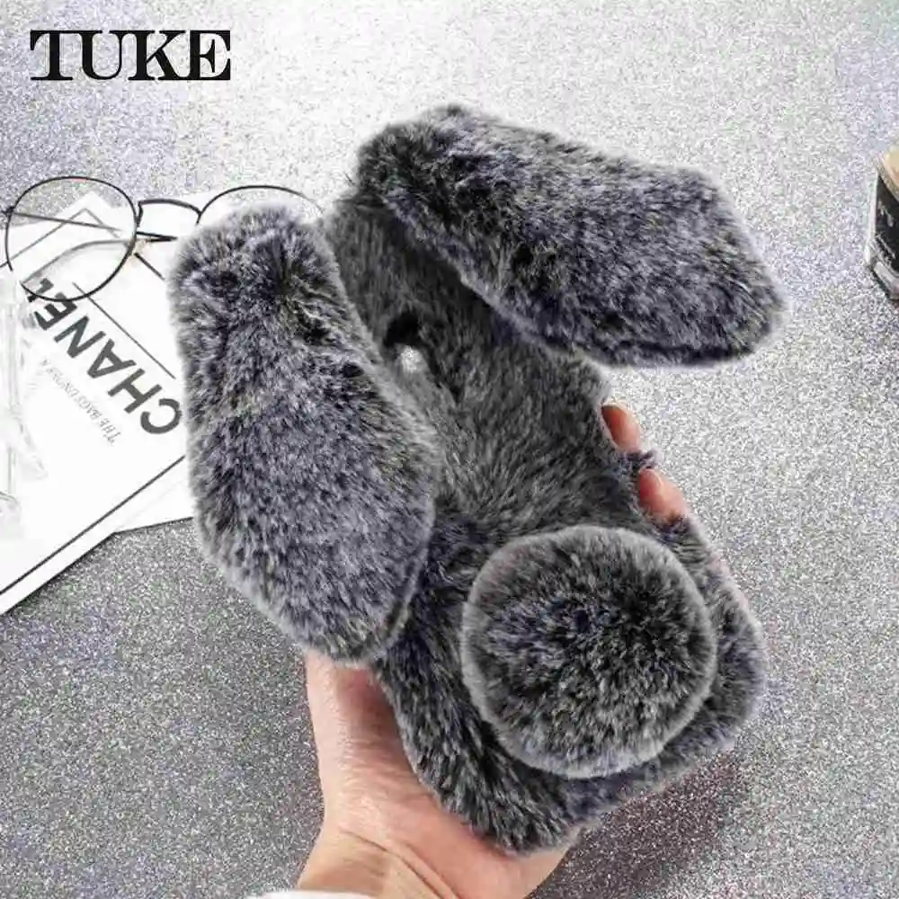 

TUKE Case For Motorola Moto E4 G5 G5S G6 G7 Play Plus EU Version Cover Cute Bling Diamond Fluffy Rabbit Fur Soft Silicon
