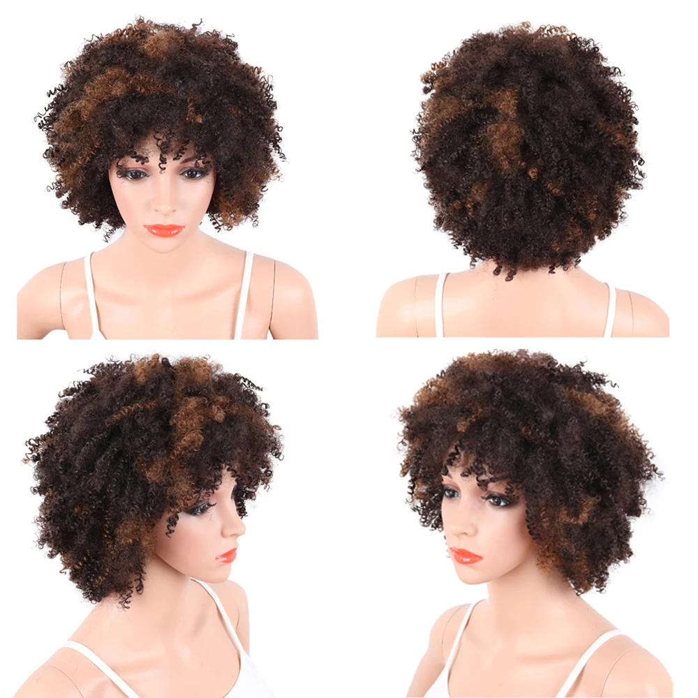 Deyngs синтетические короткие женские парики афро кудрявый черный до коричневый цвет натуральный Африканский Американский термостойкая прическа с челкой