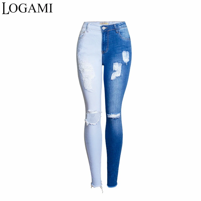 LOGAMI Skinny Ripped Jeans Woman 2018 Contrast Color Slim Jeans For Women Denim Pants Plus Size 4XL