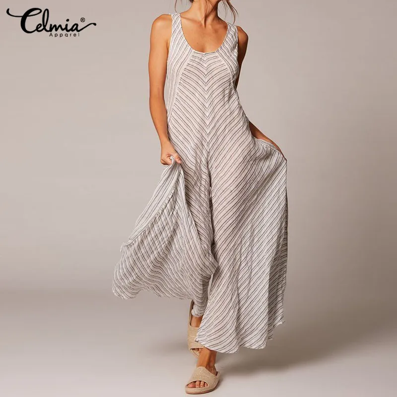 

Celmia 2019 New Women Rompers Summer Long Pants Vintage Striped Jumpsuit Ladies Casual Loose Wide Leg Overalls Plus Size Palazzo