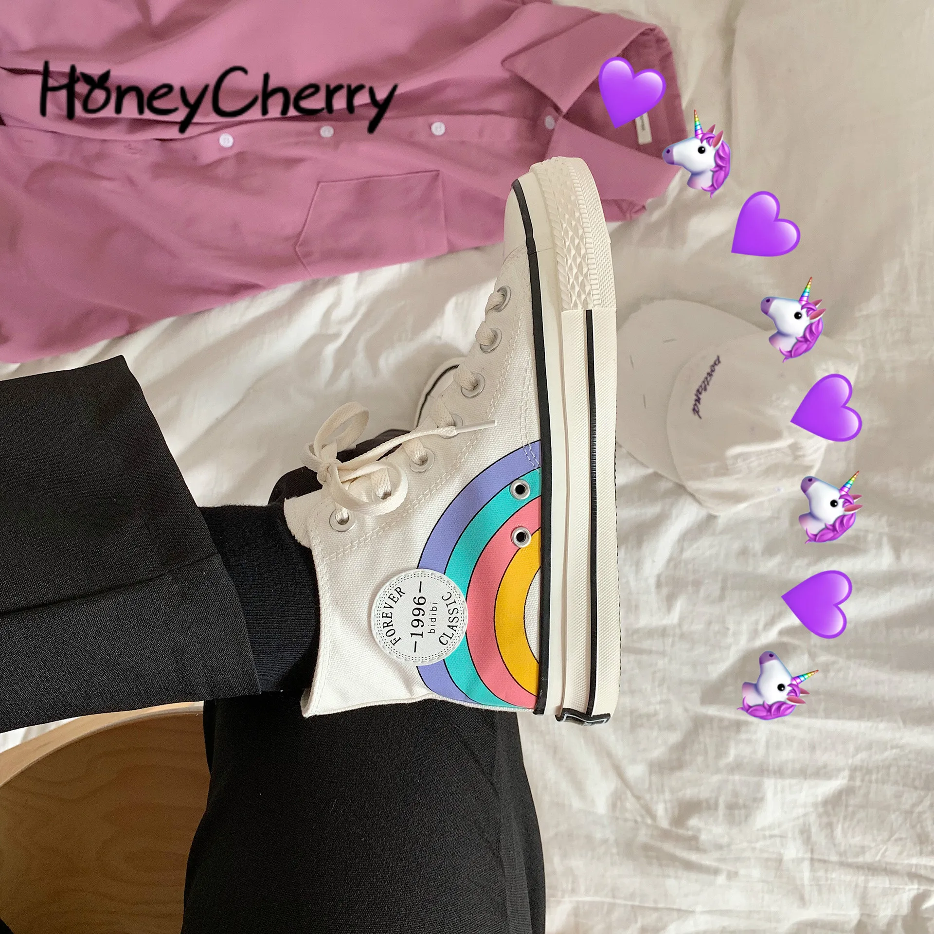 

High-top Canvas Shoes Female Spring 2019 Korean Version Uzzang Unicorn Rainbow Popular Shoe Plate Shoes Ins Girl Heart