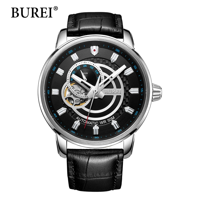 Mens Watches Top Brand Luxury BUREI Watch Men Military Sport Luminous Clock Automatic Mechanical Leather Wristwatch montre homme
