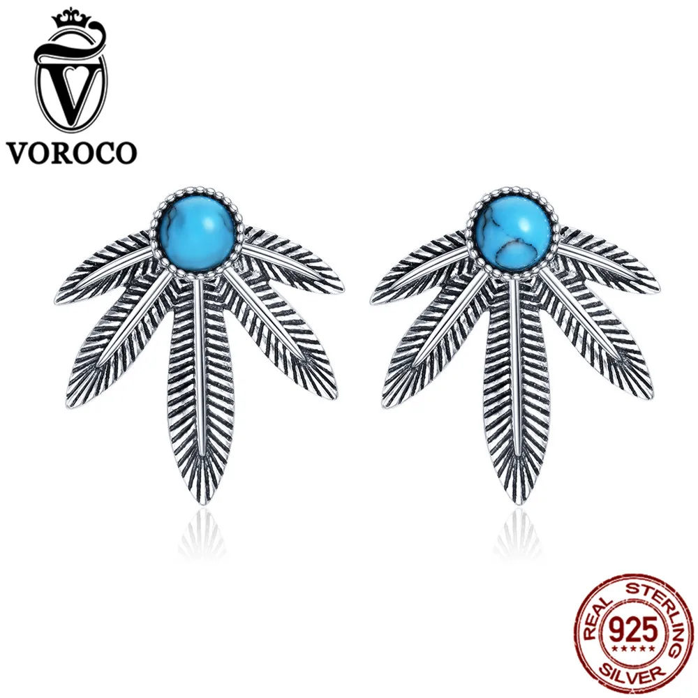 

VOROCO 925 Sterling Silver Natural Turquoise Stone Tropical Leaves Vintage Stud Earrings For Women Bohemian Fine Jewelry