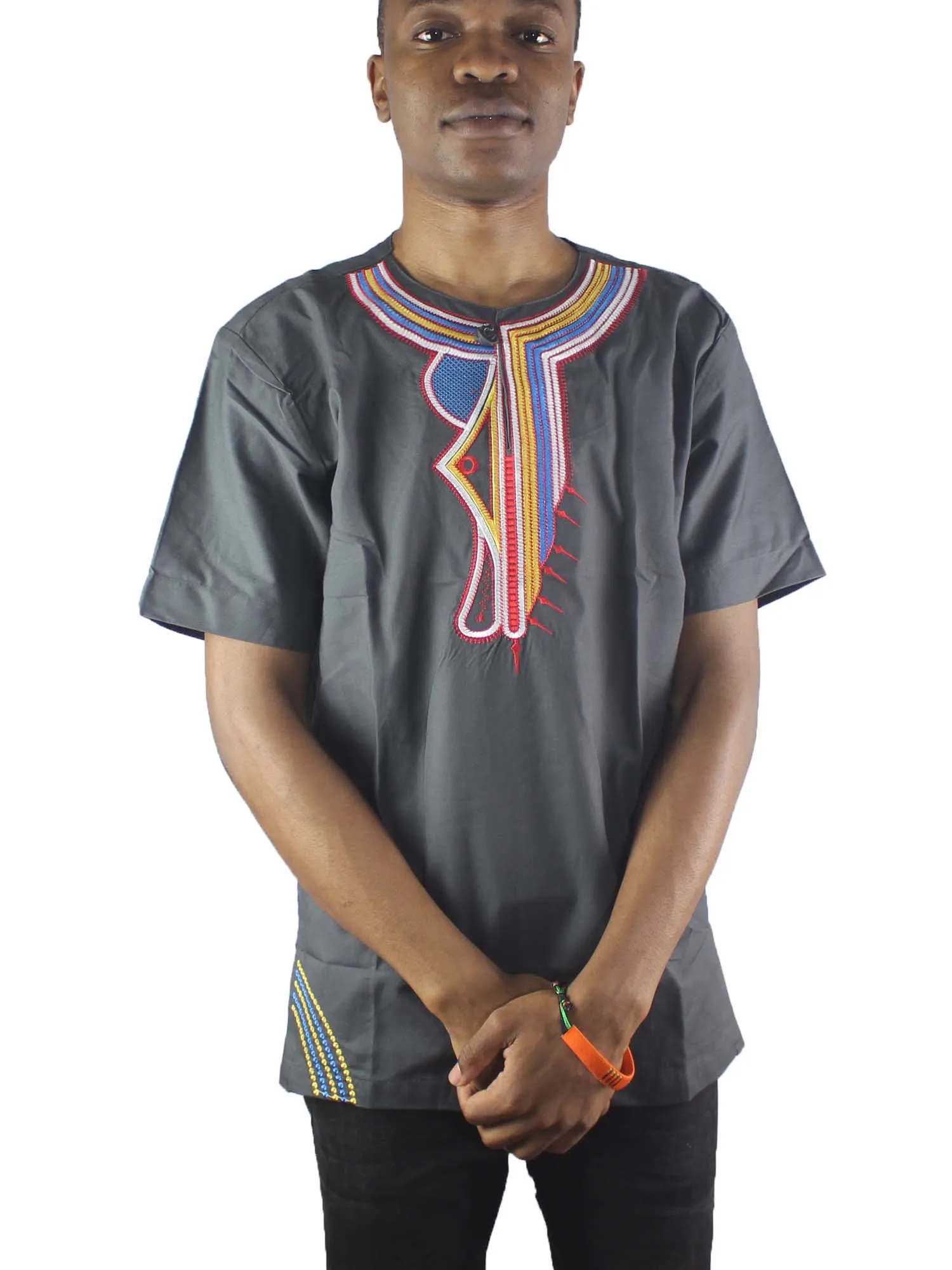 

Africa Ethnic Embroidery Men`s Dashiki Tops Side Slit Henley Shirts for Summer Wearing