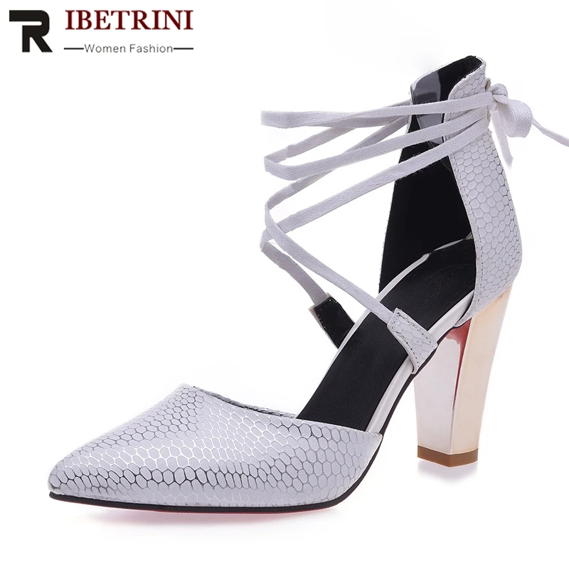 

RIBETRINI New Fashion cross Strap Solid thick High Heels Shoes Woman pumps Casuals spring women shoes Plus Size 32-43