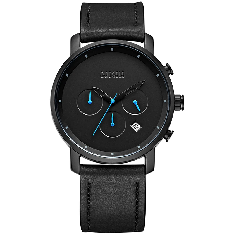 

Baogela Mens Simple Chronograph Analogue Quartz Watch, Leather Bracelet Wristwatch with Calendar Date for Boy & Man 1705G Blac