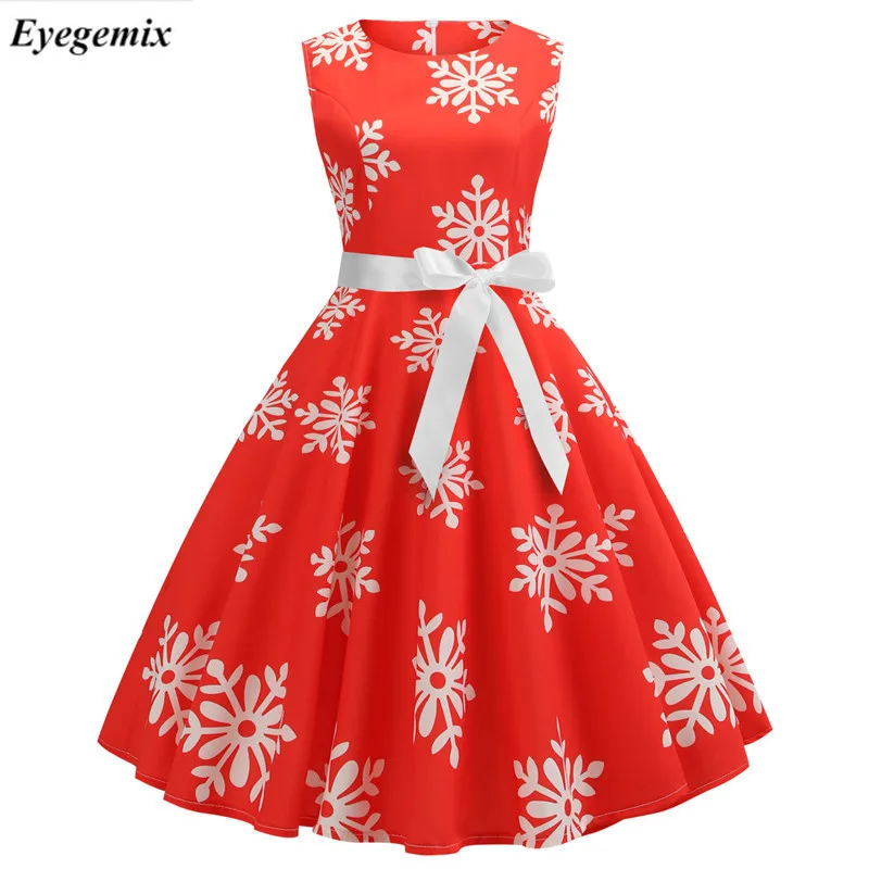 

Autumn Winter Christmas Dress Women 2018 Fashion Snow Print Belt Vintage Dresses Sleeveless Casual Elegant Party Dress Vestidos