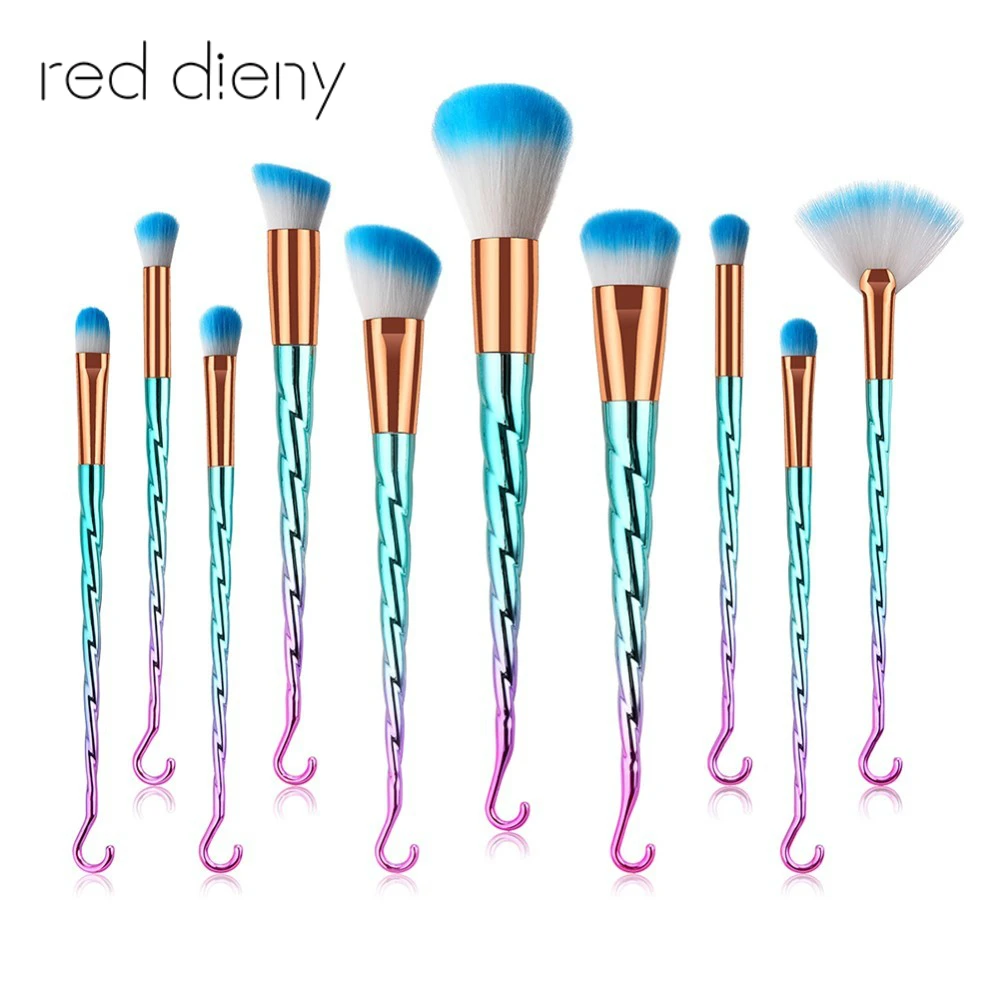 

10pcs Rhinestone Rainbow Makeup Brushes Set With Fishhook End Tools Powder Foundation Eye Lip Concealer Face Colorful Brush Kit