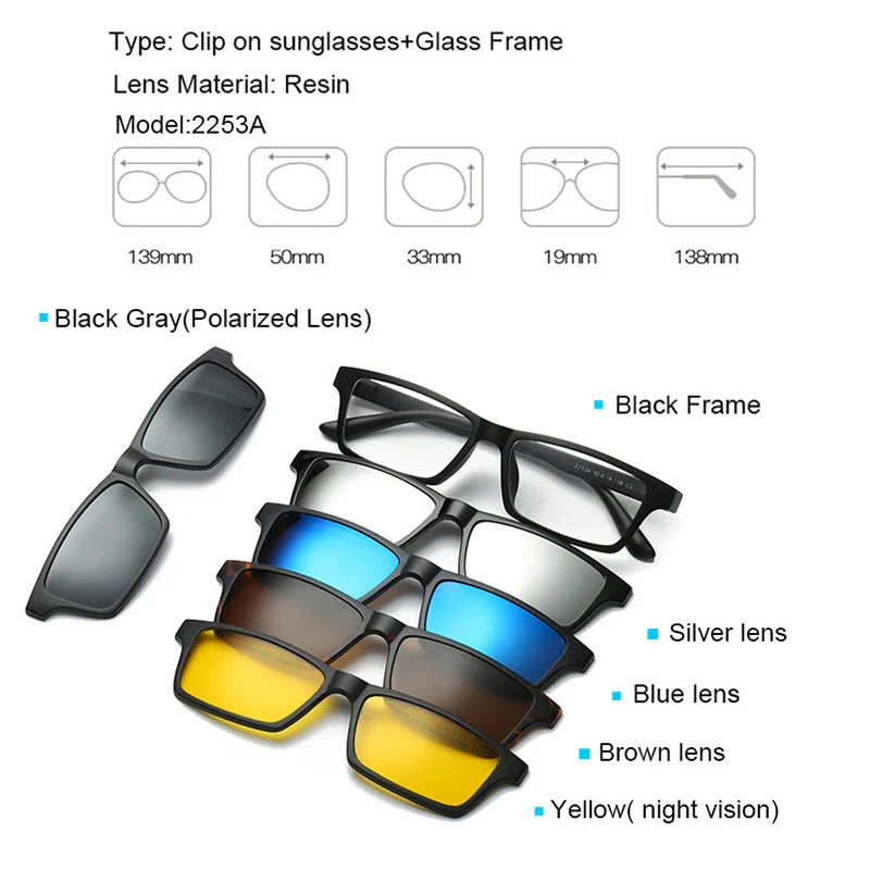 Классические оптические очки, оправа для мужчин и женщин, близорукость, с 5 клипсами, солнцезащитные очки, поляризационные Магнитные очки для мужчин, очки - Цвет линз: D2253A
