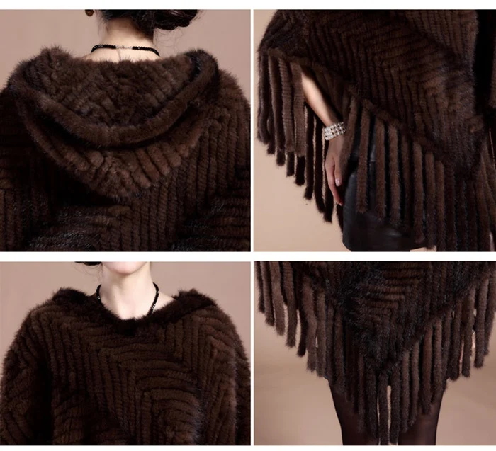 100% натуральная Вязаная Шаль из натурального меха норки пончо с капюшоном и