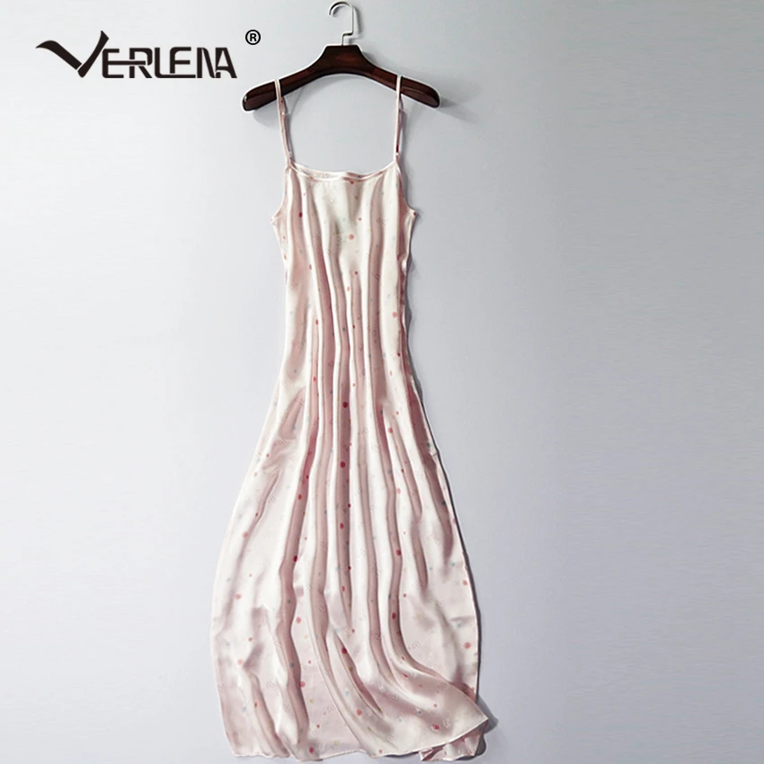 

Verlena Silk Cute Heart Print Pink Strappy Summer Dress Women 2019 Casual Loose Straight Sleeveless Long Maxi Dress Elegant