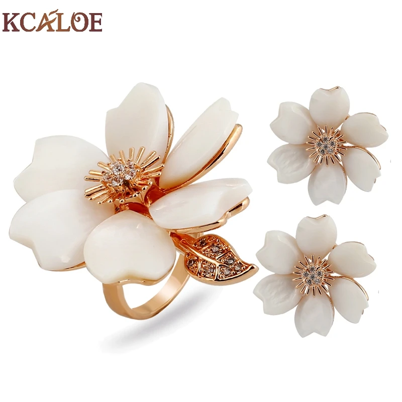 

KCALOE Natural Shell Flowers Ring And Earring Set Rose Gold Color Crystal Rhinestone Leaf Wedding Jewellery Sets For Women