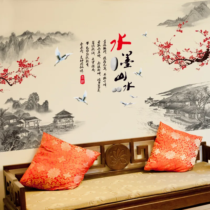 Китайские ветви горного дерева, ветви летающих птиц, настенные наклейки, обои, Классический павильон, каллиграфия, плакат, художественный декор, фреска
