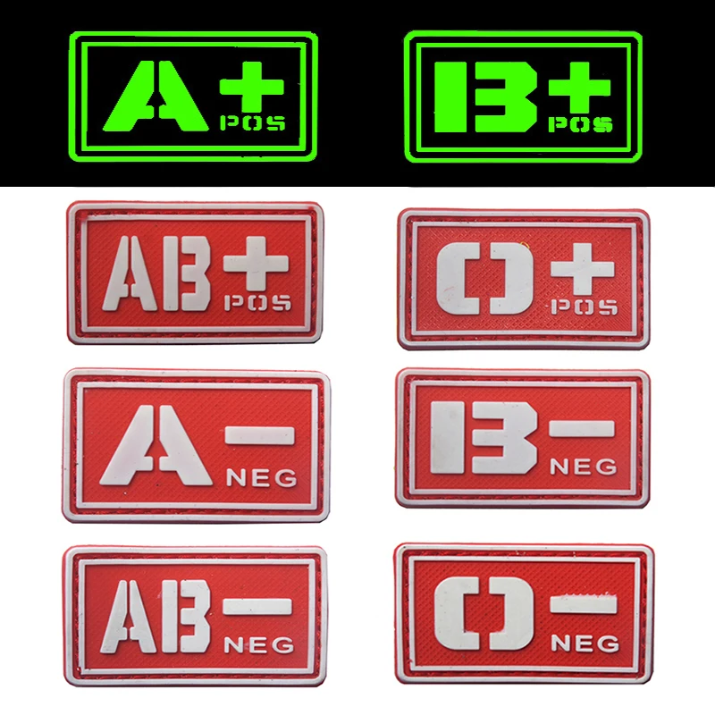 

REEBOW TACTICAL 2X RED A B O AB Blood Type Patches Noctilucent Luminous POS NEG Military Emergency Rescue PVC Morale Patches