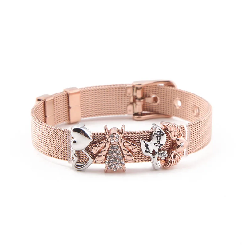 

SANSHOOR New Charms Arrival in Mixed Color with Rose Gold 10mm Bracelet set Dragonfly Charm Silver Double Heart Charm