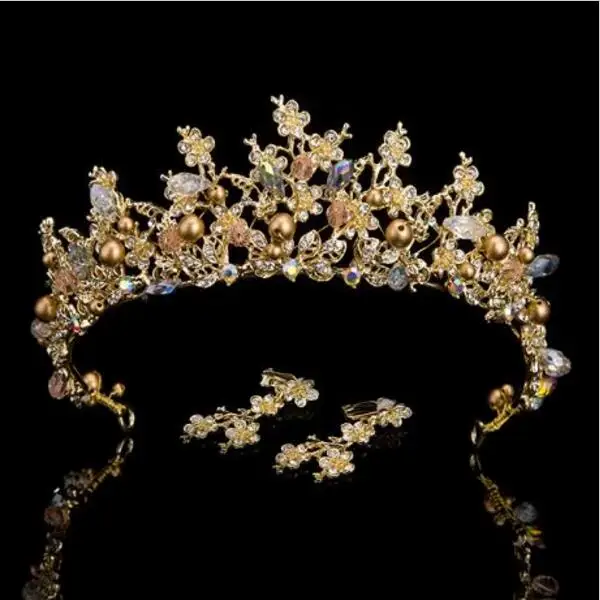 Роскошная розовая Золотая жемчужная свадебная корона ручной работы, тиара, свадебная диадема с кристаллами, Королевская корона, свадебные аксессуары для волос - Окраска металла: Gold With Earrings