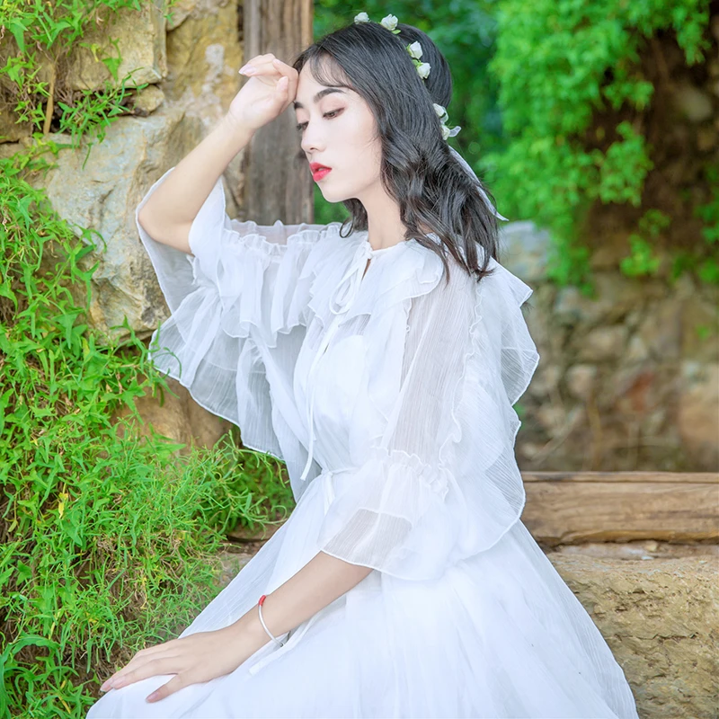 

Women New Fashion Fairy White Dress Lace-up Collar Ruffles Half Sleeve Chiffon Long Dress Vestidos Mujer Robe Femme 2019