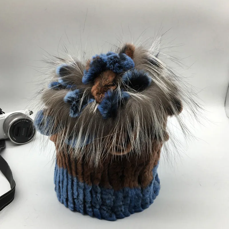 Модная меховая шапка для девушек, Зимний натуральный настоящий мех кролика, шапка высокого качества, женские теплые шапочки, натуральный мех - Цвет: blue coffee