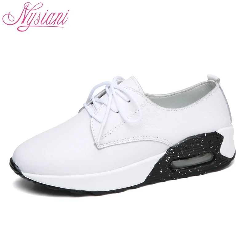 

2018 Spring New Women Sneakers Split Leather Students White Shoes Round Toe Lace-up Fashion Flat Platform Casual Shoes Nysiani