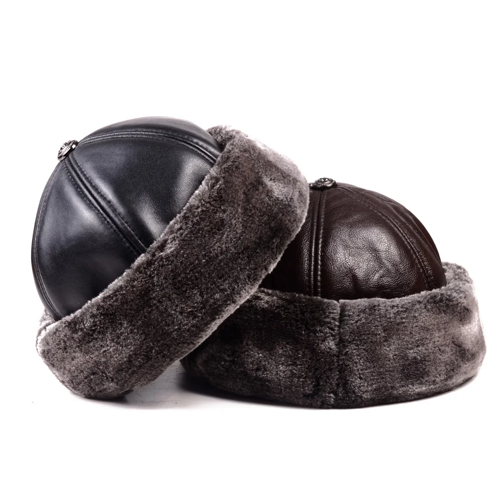 

Men's Genuine Leather Cowhide Winter Warm Thick lining Skullcap Beanies Beret Round Hat Brimless Caps/Hats