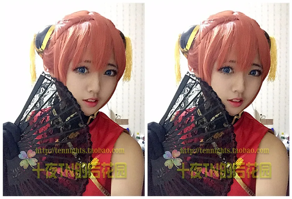 

NEW ! NEW !! High Quality Thick Short Orange Wigs Women Anime Gintama Kagura  Cosplay Lady Synthetic Hair With Bun Fashion Drop