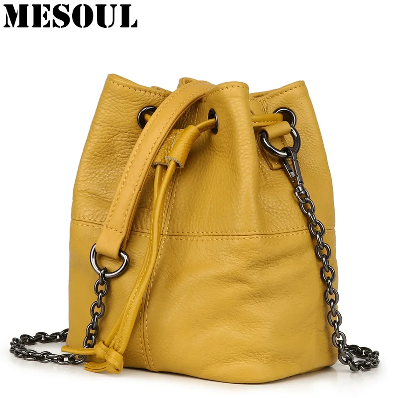 Macio do Couro Bolsas de Ombro para Mulheres Bolsa do Mensageiro Moda Mini Balde Bolsa Genuíno Doces Cores Cadeias Lingge Bolsas Pequenas Senhoras